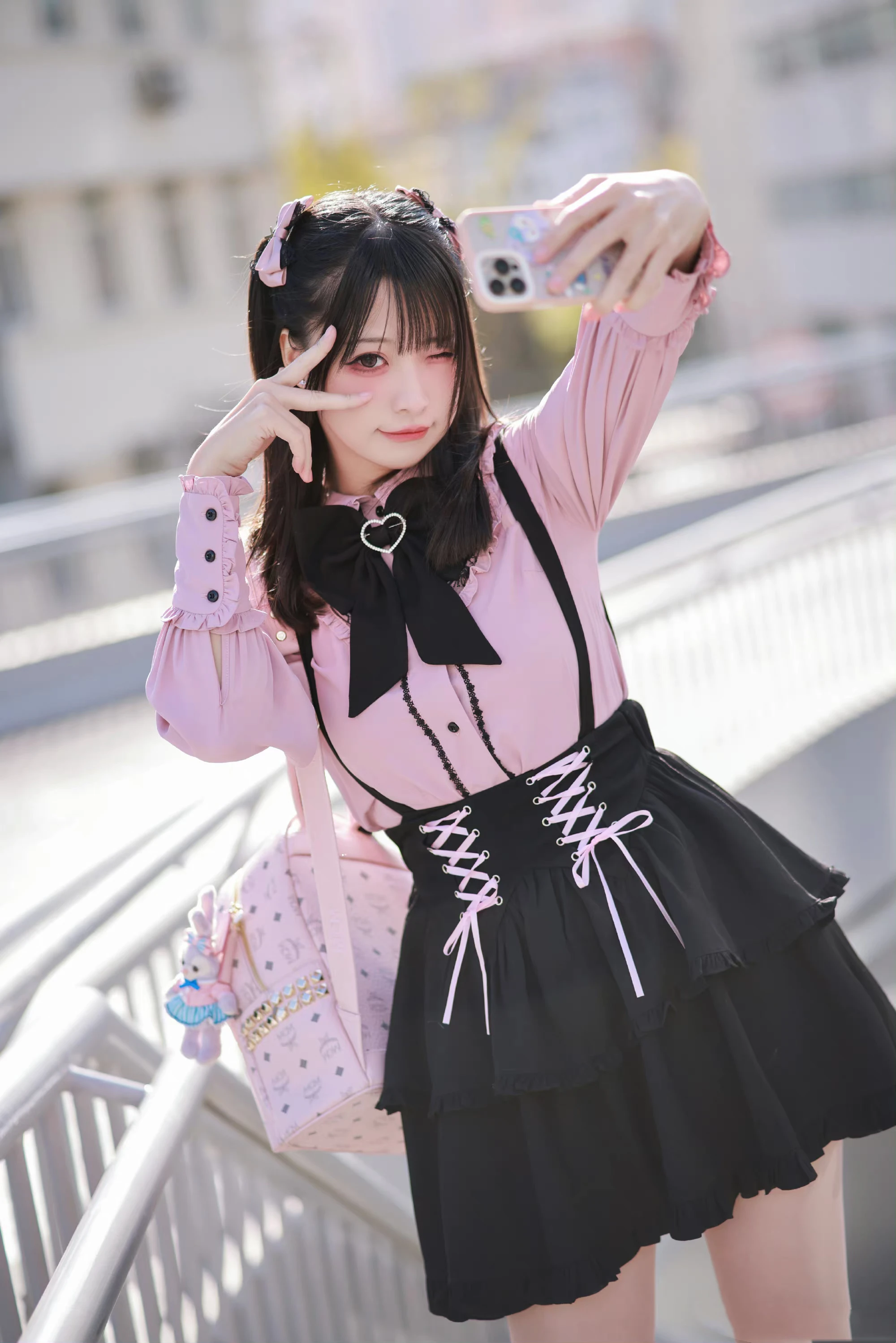 Japanese Harajuku Mine Sweet Lolita Lace Stitching Long-Sleeve Shirt High Waist Heart Buckle A-Line Skirt Two Piece Set Women