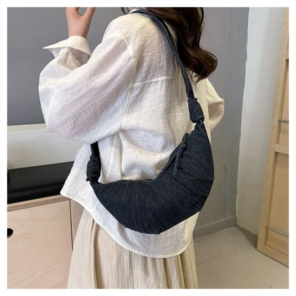 

Portable Vintage Croissant Crossbody Bag Large Capacity Casual Denim Canvas Bag Handbag Solid Color Jeans Canvas Bag Outdoor