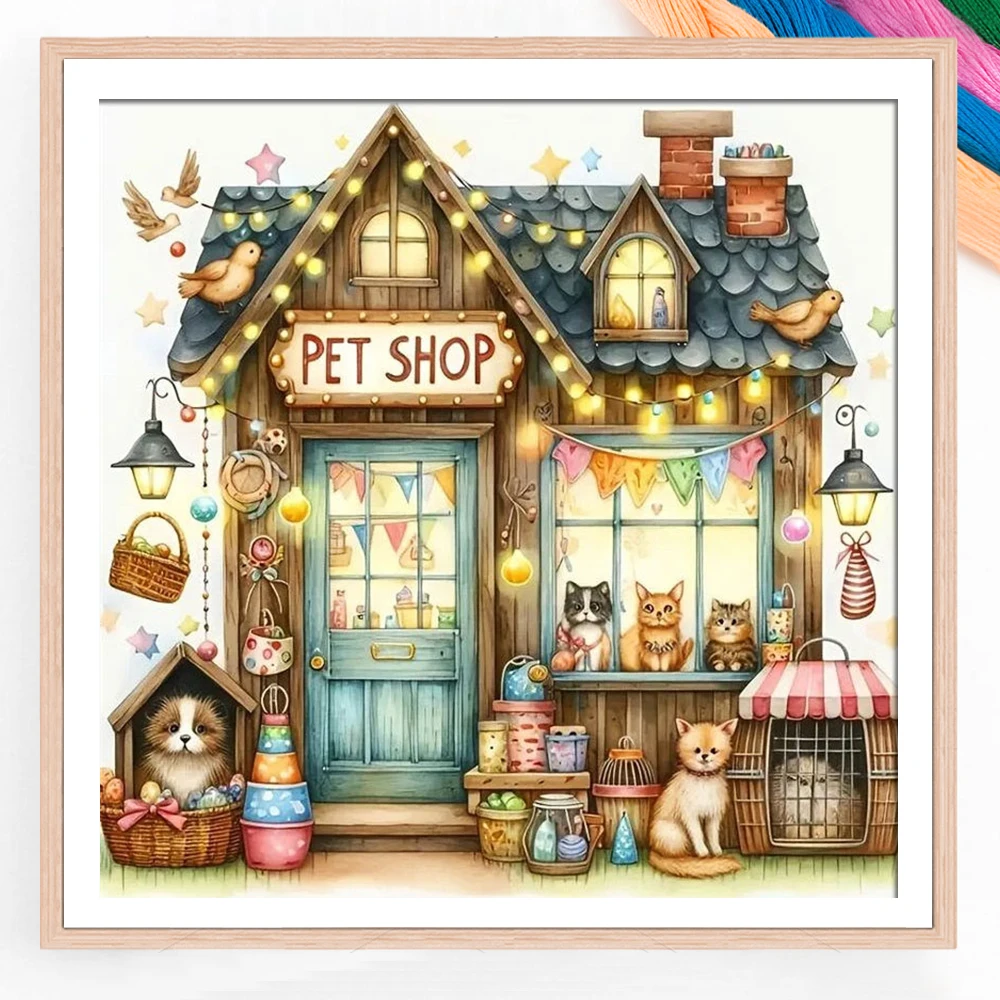 11CT Cross Stitch Wooden Pet Shop Landscape Full Embroidery Wall Decor Cotton Thread Printed New Decorative Paintings