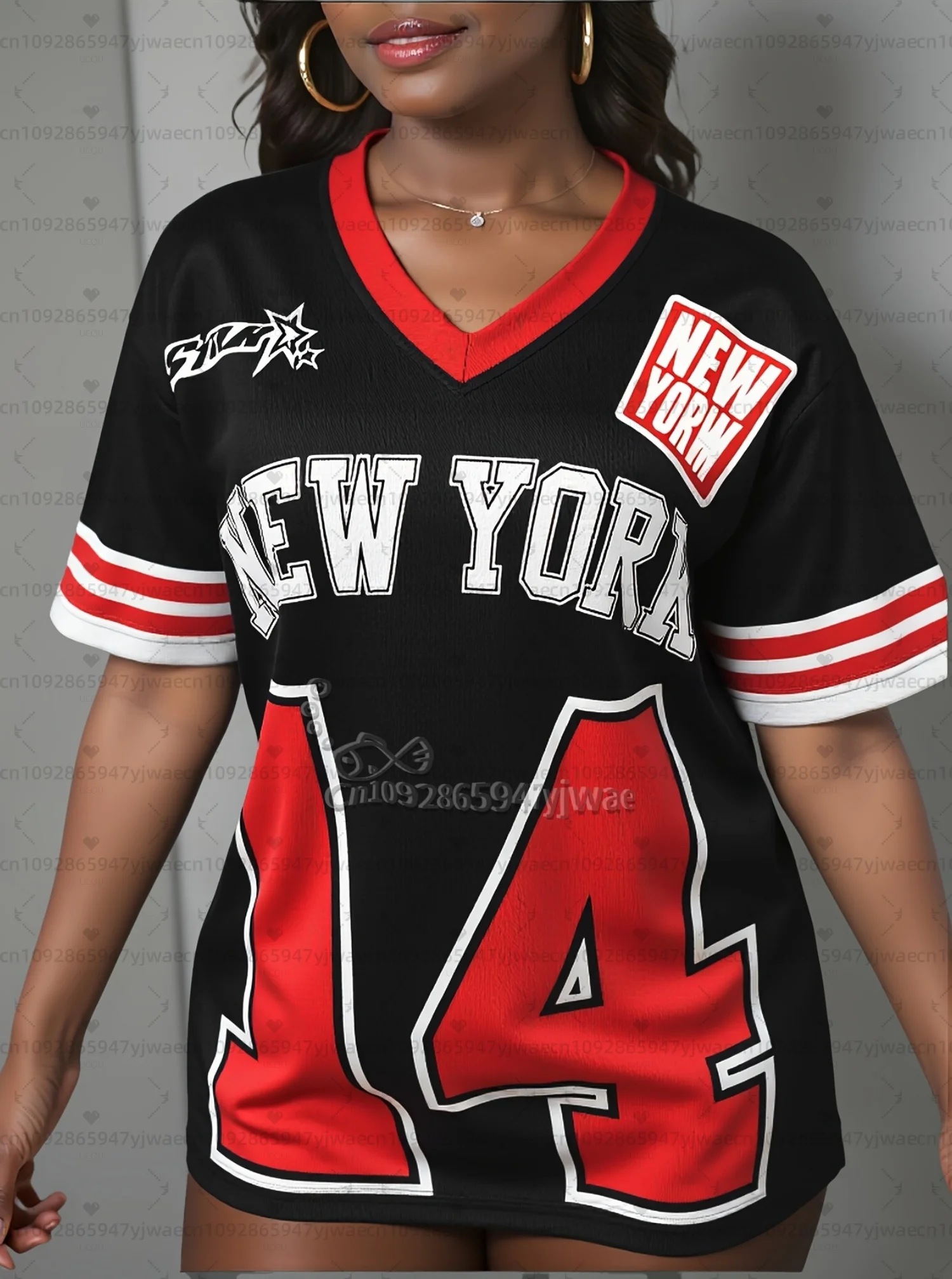 2026 Damen T-Shirt im amerikanischen Stil NEW YORK 13 Print V-Ausschnitt Kurzarm Sommer-Tee Baseball-Trikots Gestreiftes Alltags-Sport-T-Shirt