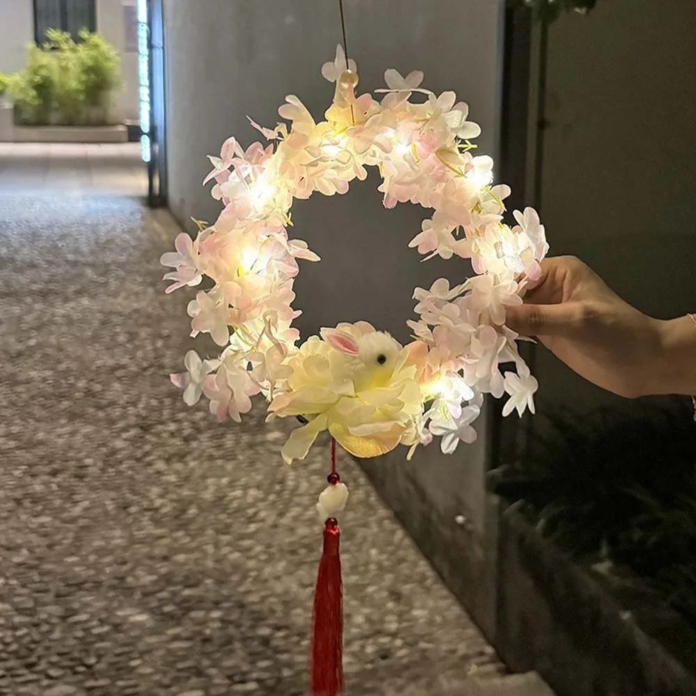 اليدوية الأطفال أرنب فانوس يده متوهجة أوسمانثوس زهرة الفوانيس النمط الصيني مضيئة ريشة الأرنب مصباح