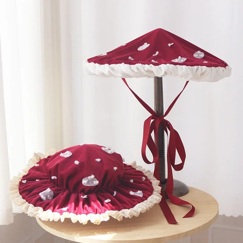 Lolita Cosplay Accessories Burgundy Mushroom Hats Bucket Cap Cute Umbrella Bb Mushroom Hats for Women and Children