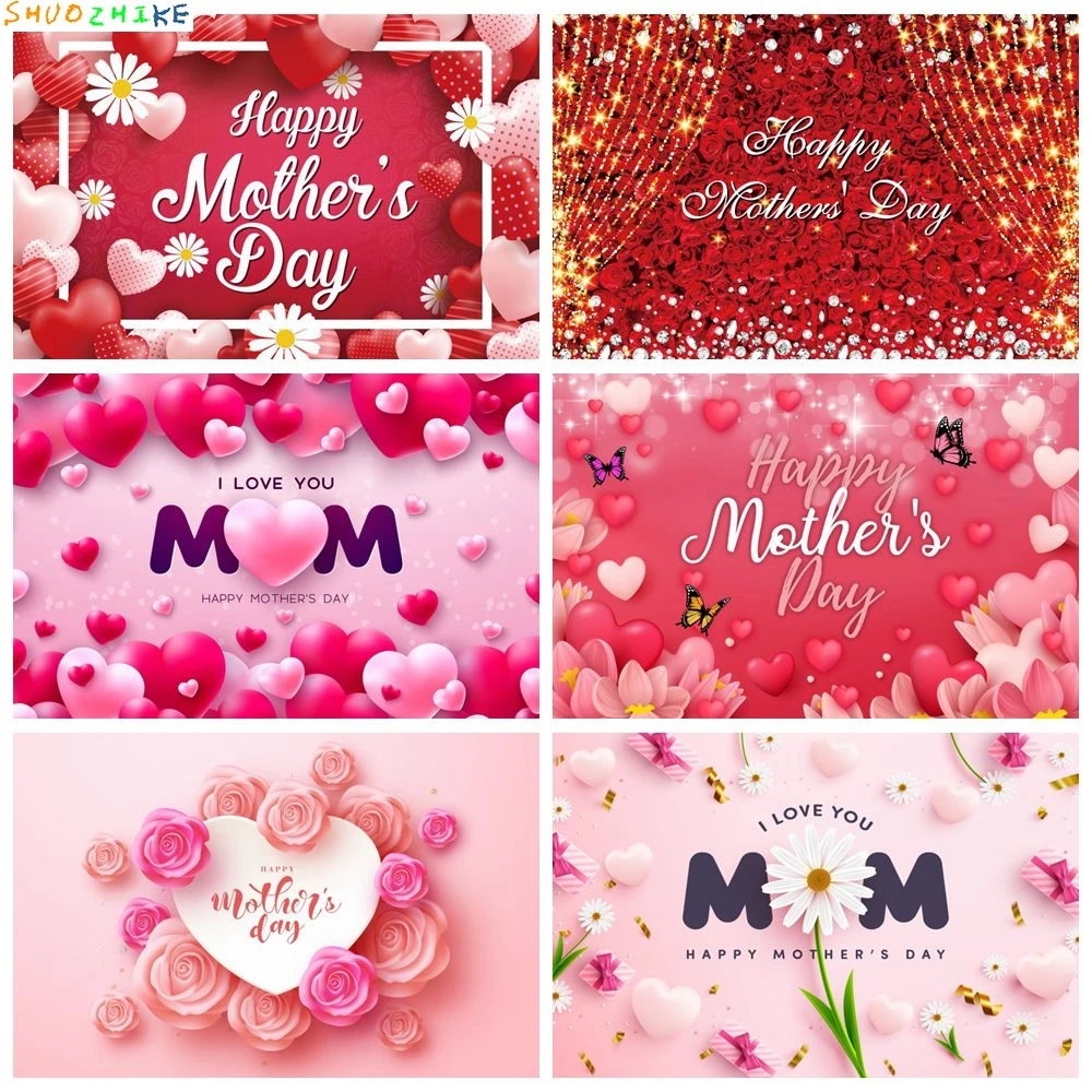 

Happy Mother’s Day Backdrop Red Pink Flower Butterfly Love Heart I love you Mom Mother Portrait Photography Background Decor