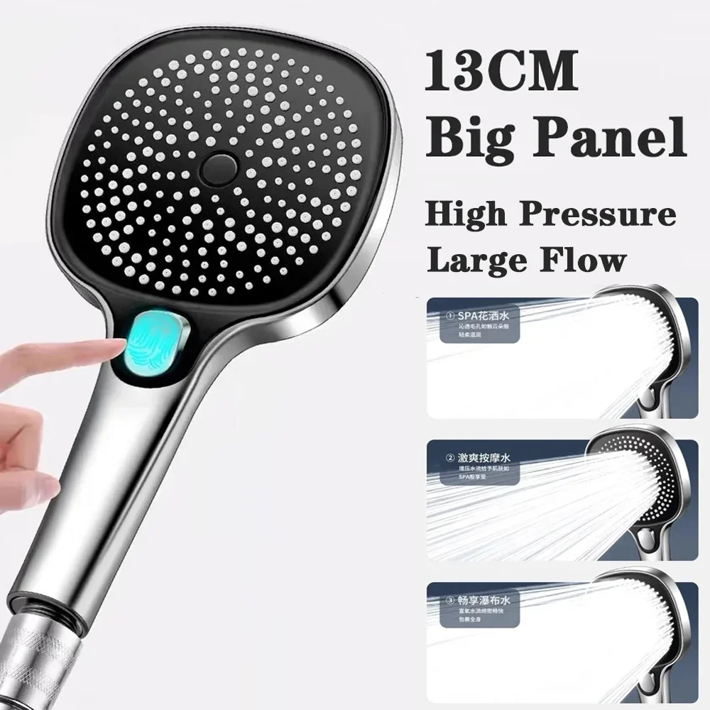 

13CM Big Panel High Pressure Large Flow Shower Head Black 3 Modes Water Saving Spray Nozzle Rainfall Shower Bathroom Accessories