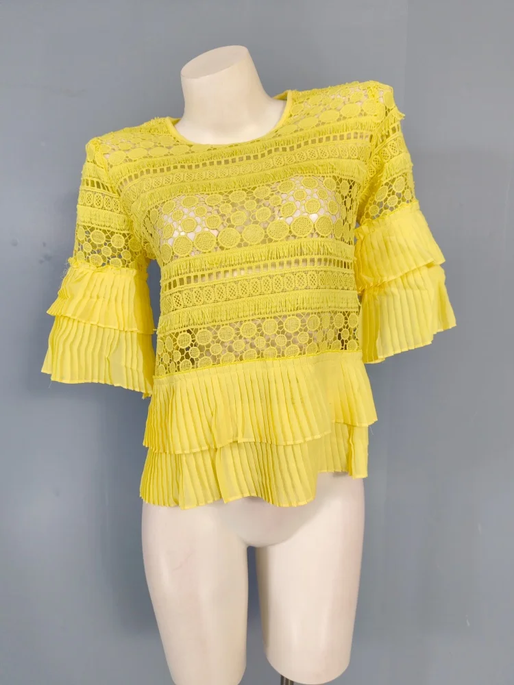 

Embroidered Loose Fit Bell Sleeve Shirt Casual Pure Color Top Women's Fashion Summer New Style Transparent Gauze Five Sleeve