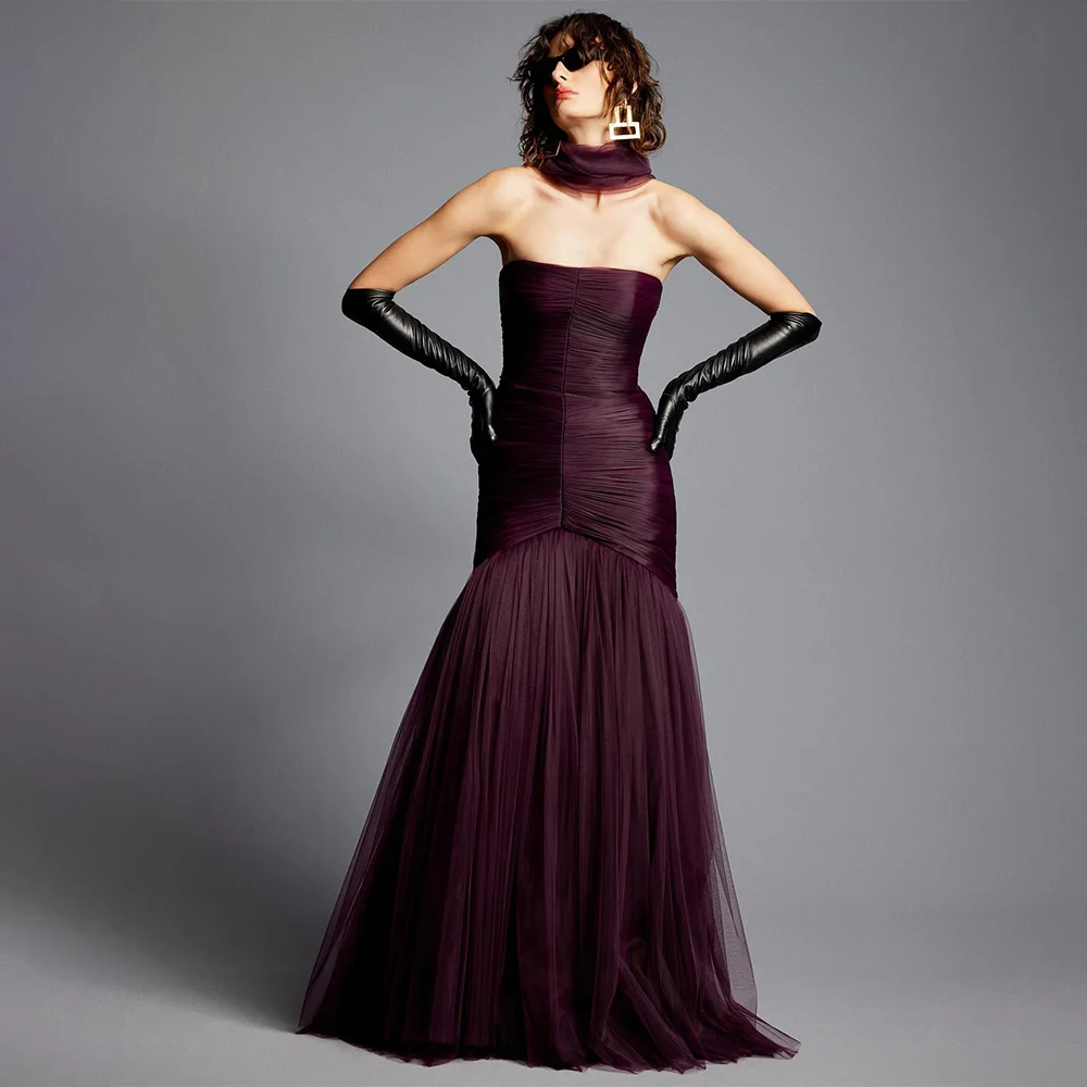 Elegant Evening Dress Dark Purple Strapless Pleated Tulle Mermaid Evening Gowns for Women 2024 Floor Length Trumpet Party Dress