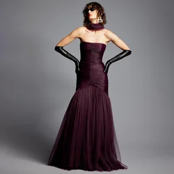 Elegant Evening Dress Dark Purple Strapless Pleated Tulle Mermaid Evening Gowns for Women 2024 Floor Length Trumpet Party Dress