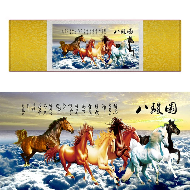 top quality Chinese Horse silk painting  Horse art painting Silk scroll art painting eight horse painting19062813