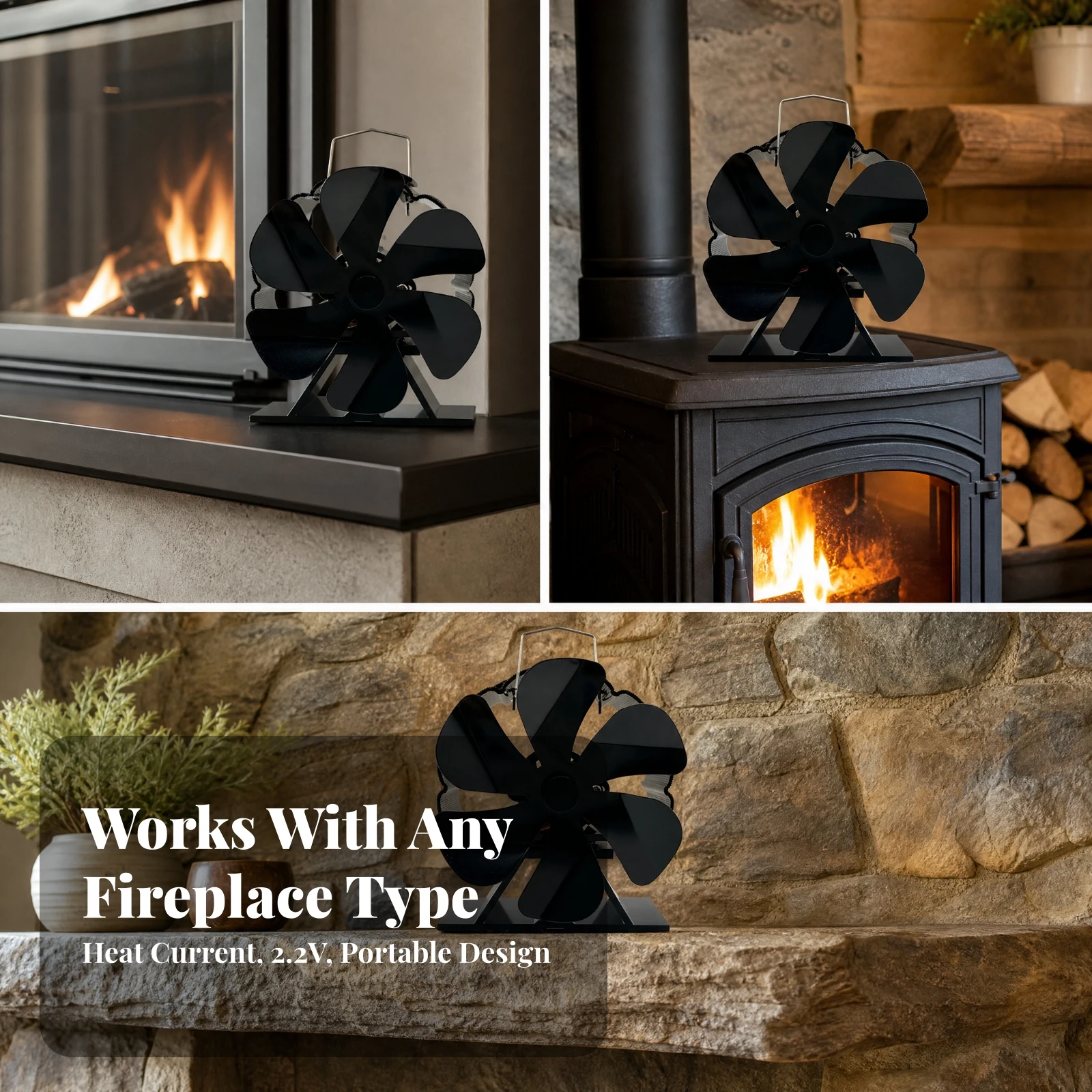 Heat-Powered Fireplace Circulation Fan Quiet Operation Fireplace Fan with Carry Handle Self-Starting Battery-Unrestricted