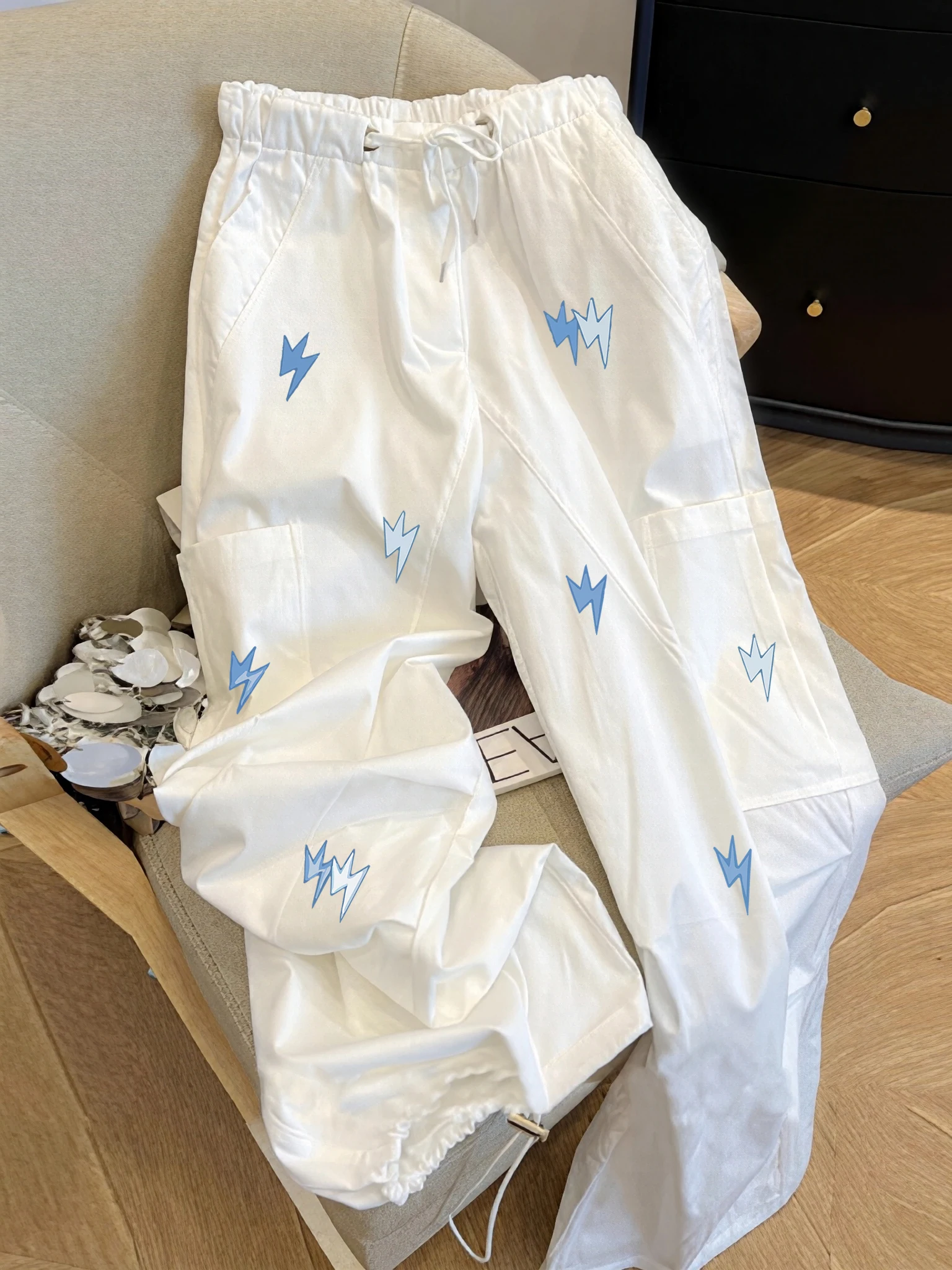 

Cool Hip Hop Style High Waist Loose Fit Work Pants Men Women Summer Lightning Print Sports Trousers Straight Leg Casual Pants