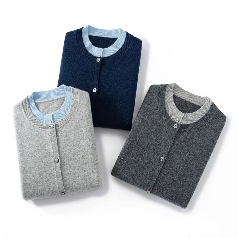 Fake two 100% pure cashmere cardigans, round neck color blocked loose jackets, versatile knitted pullovers, casual tops for wome
