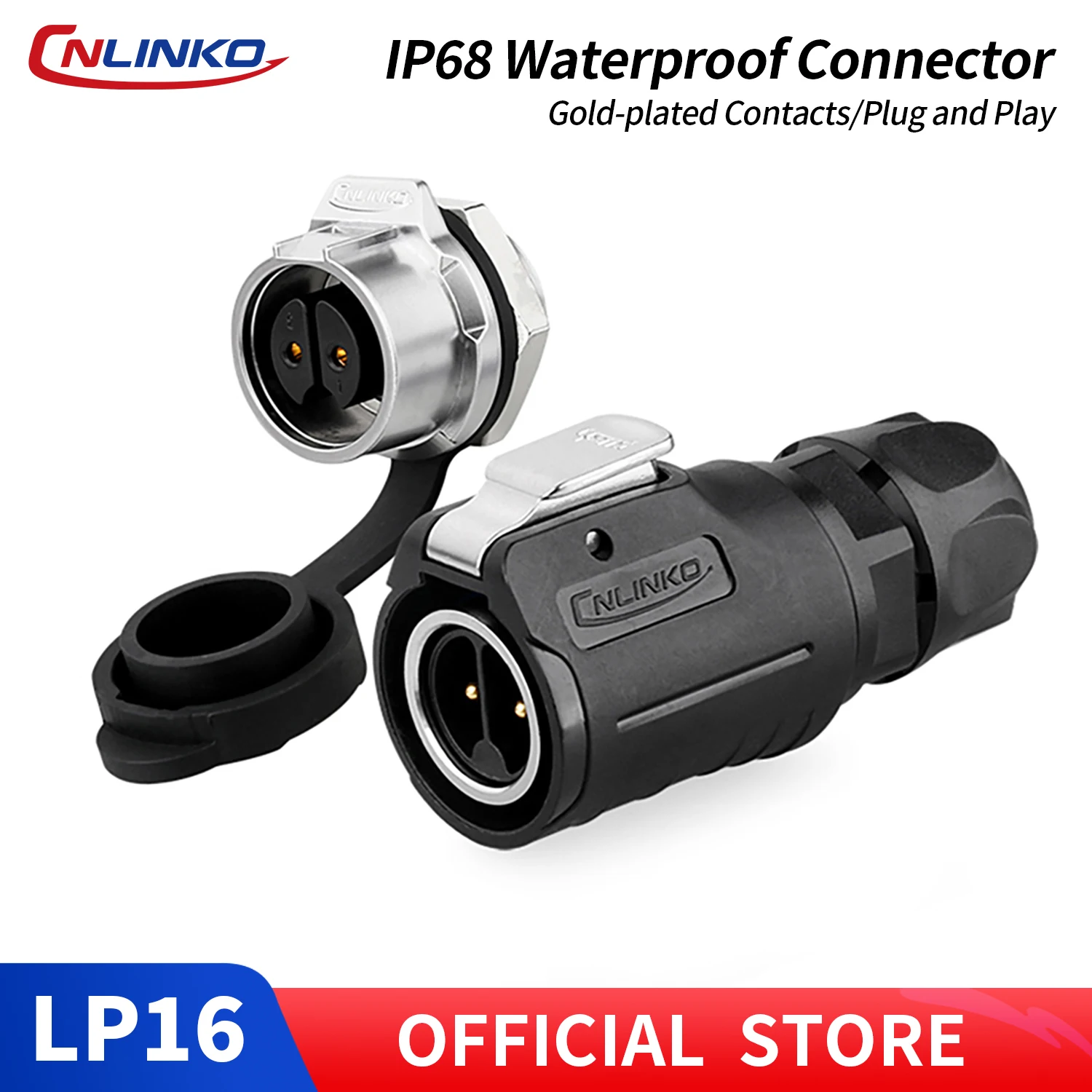 CNLINKO LP16 Industrial Panel Mount Connector 2 Pin 10A 400V IP68 Solder Type Plug Socket for LED Lighting & Stage Equipment