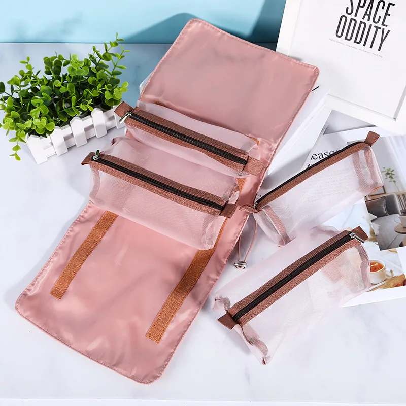 Ladies Organizer For Makeup Bags 4PCS Separable Pouch Oрганайзер Rope Strap Sac Foldable Mesh Cosmetic Bag Kосметика для макияжа