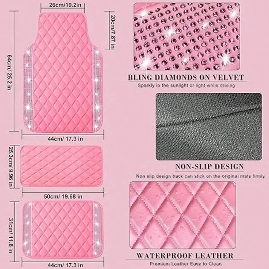 5pcs Pink Shining Leather Car Floor Mat Complete Set, Shining Diamond Car Mat Universal Suitable For Most Cars, Shining Water Diamond Carpet Waterproof And Anti Slip, 5-Piece Set (Black Leather Silver Diamond)