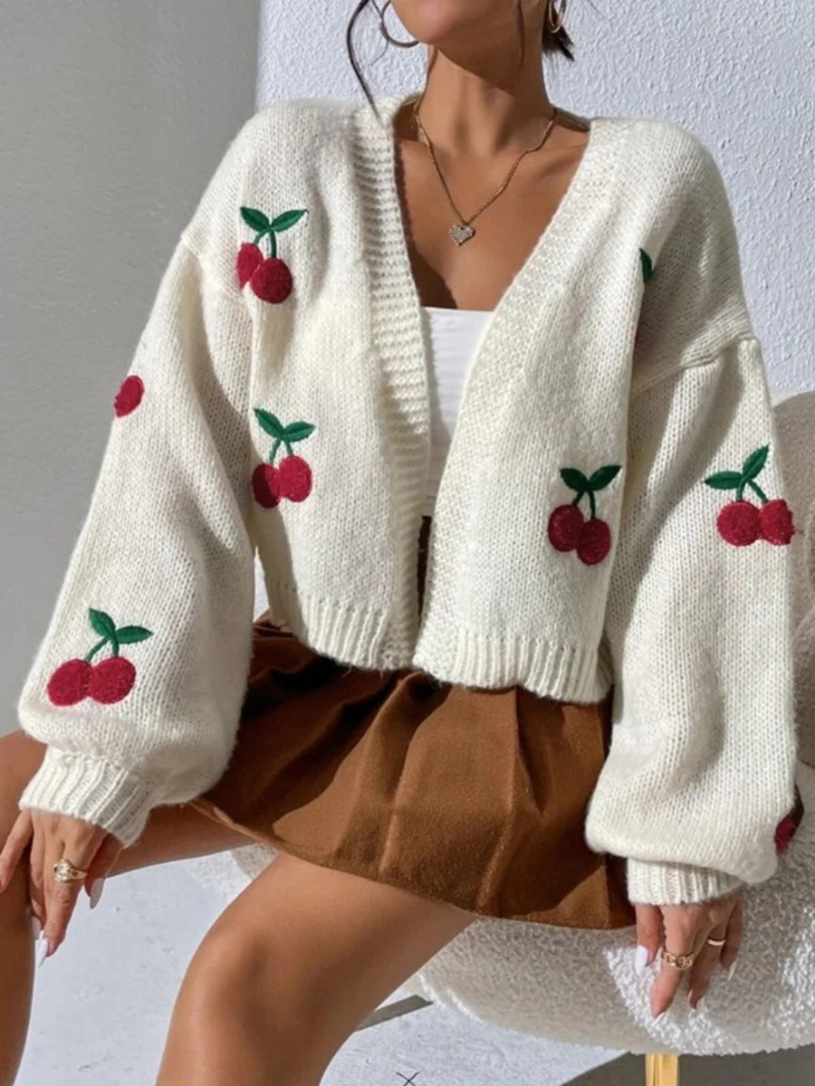 MALCIKLO Women s Open Front Loose Sweater Cardigan Cherry Embroidery Lantern Long Sleeve Cropped Sweater Jacket