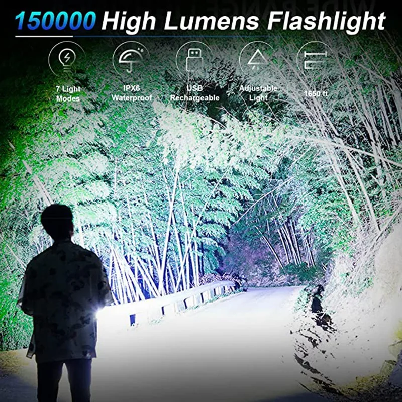 Rechargeable Flashlight, 2 X 150000 High Lumen Super Bright Flashlights, 7 Modes, Powerful Handheld LED Flashlight