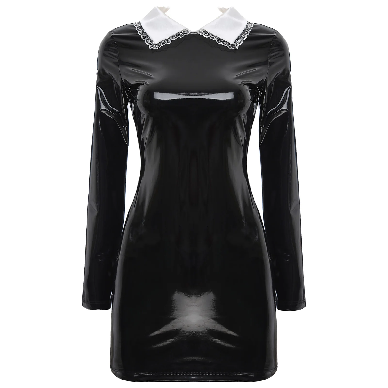 Womens Satin Collar Back Zipper Latex Bodycon Dress Glossy Patent Leather Maid Nun Cosplay Mini Dress Gothic Punk Party Clubwear