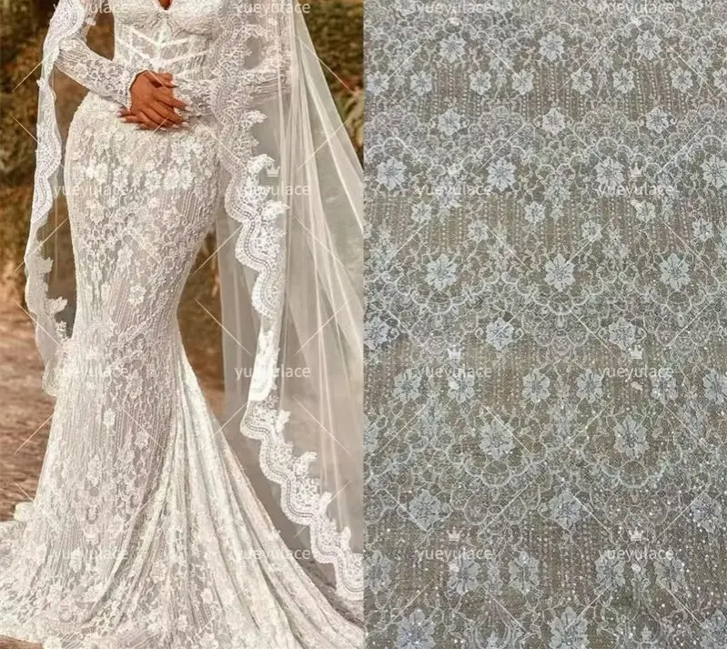 HOT STYLE Bead Sequins Off White Chantilly Sparkle French Wedding Dress Lace Fabric Top Quality Brial Wear Veil  Fabric