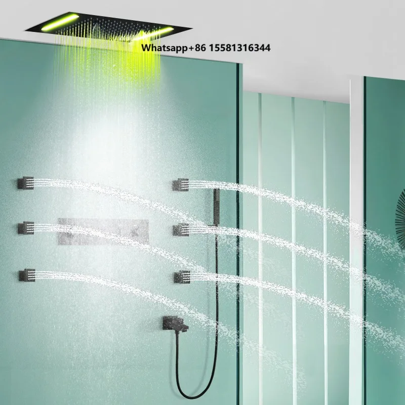 Ceiling Embedded Top Shower 500*360mm LED Shower Head Black  Bathroom Thermostatic Shower Faucet Set