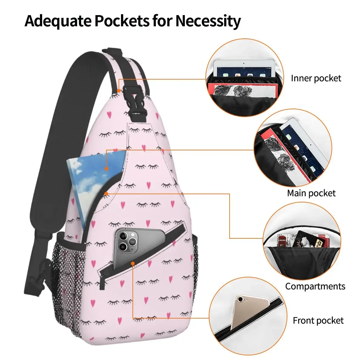 Cute Closed Eyes Small Sling Bags Chest Crossbody Shoulder Backpack Outdoor Sport Daypacks Cartoon Beauty Eyelash Casual Satchel