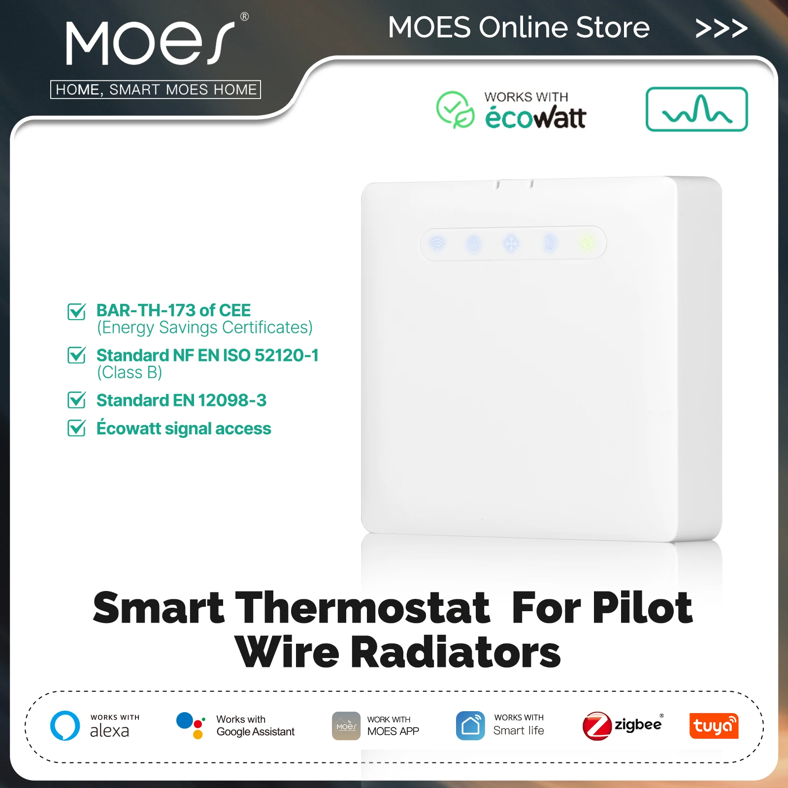 Termostato inteligente ZigBee para radiador de calefacción de cable piloto, compatible con Ecowatt, monitoreo de electricidad, aplicación de Control