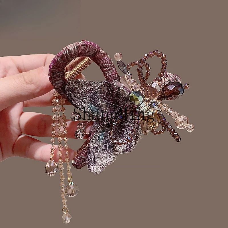 

CL Butterfly Crystal Tassel Grab Clip Women's Light Luxury Embroidery Butterfly Shark Clip New Hair Volume Less Disc Hair
