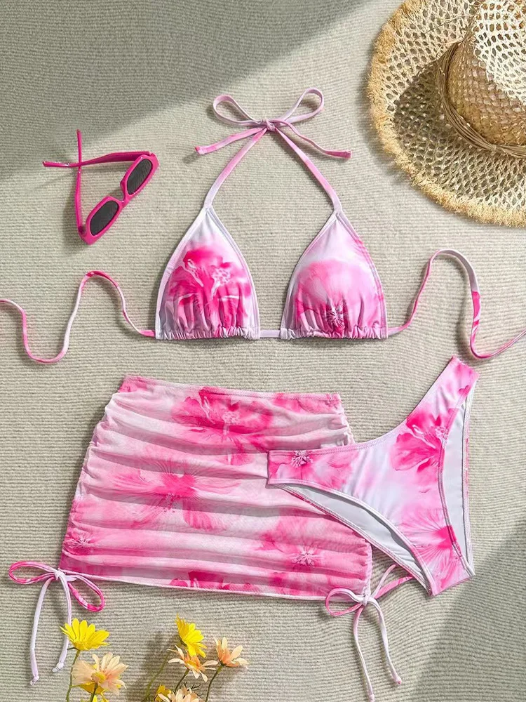 

НОВИНКА: Всесезонный комплект бикини из 3 предметов с юбкой, сексуальный принт, шнуровка, раздельный купальник для женщин, пляжный комплект для отпуска