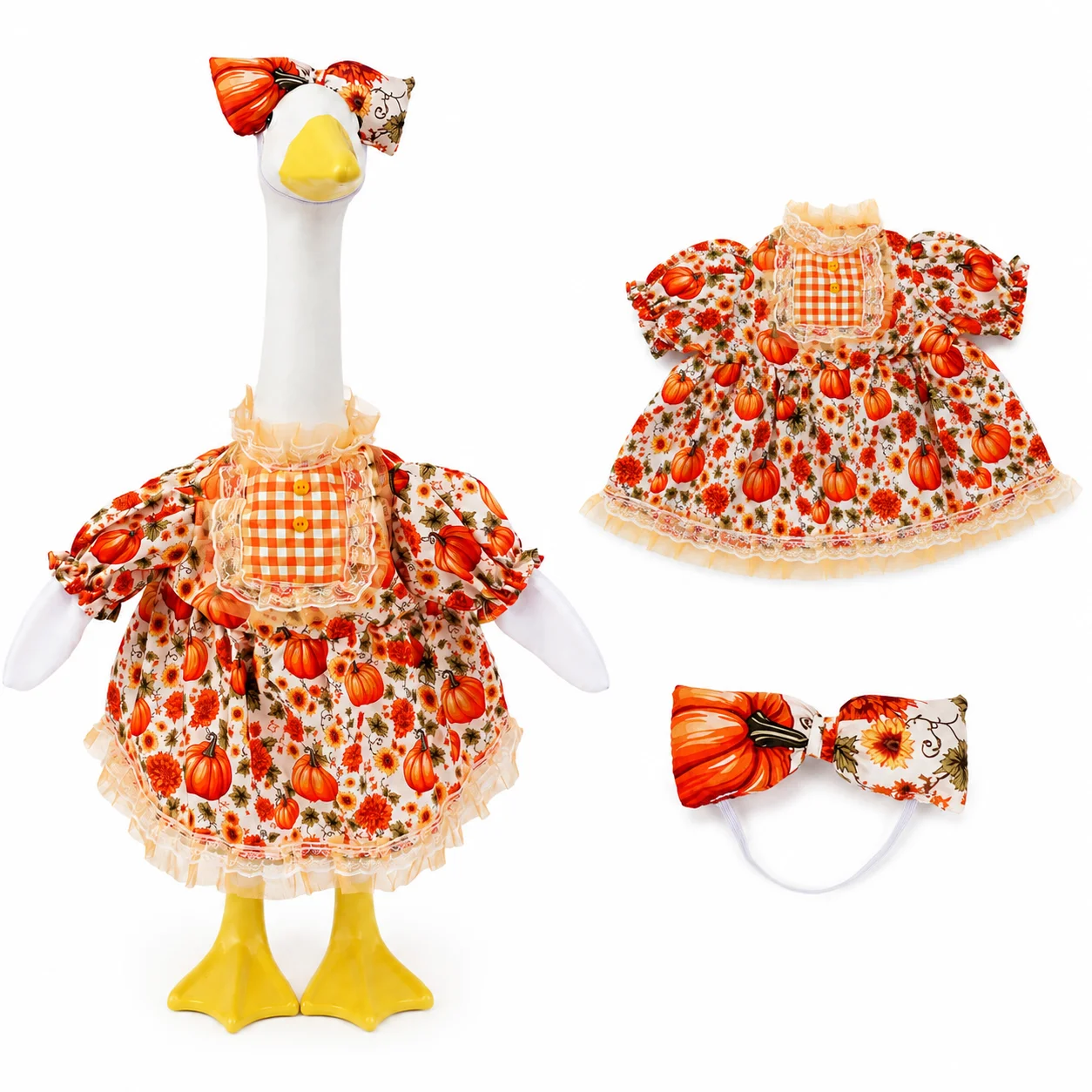 Pumpkin Goose Outfit for 23 Inch Porch Goose, Fall Thanksgiving Dress with Bow Hat, Autumn Outdoor Garden Decoration Accessory