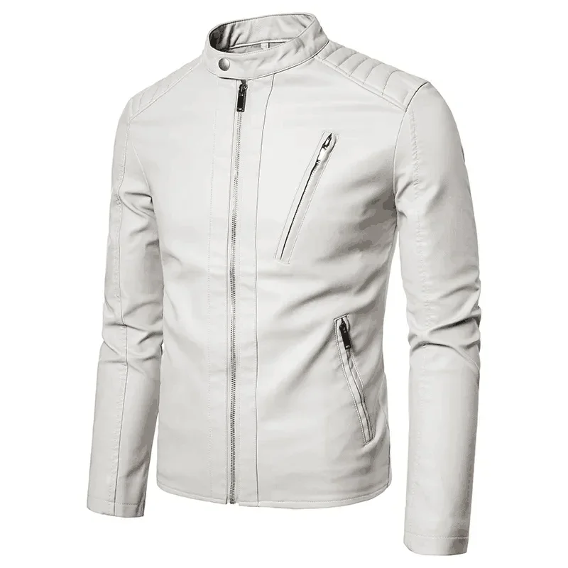 Spring Autumn High-end Brand Men's Zipper Leather Jacket Solid Stand Collar Fashion PU Leather Casual Slim White Windproof Coat