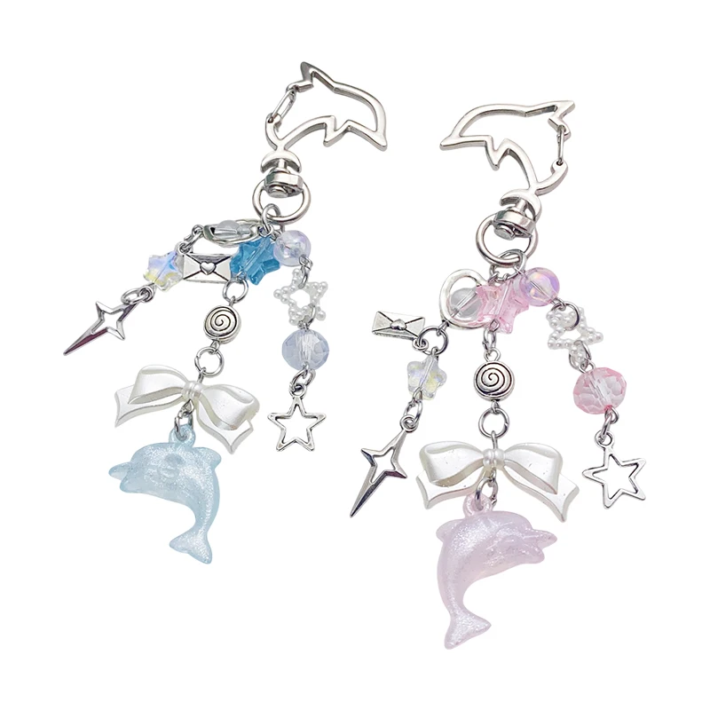 Criativo frisado chaveiro doce legal estrela golfinho pingente chaveiro moda charme carro chaveiro requintado mochila decoração presentes