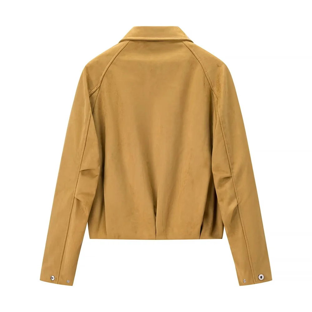 Otoño e Invierno nueva chaqueta de piloto de gamuza de manga larga con cuello decorativo y bolsillo lateral versátil informal para mujer