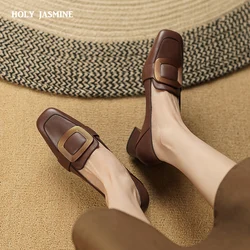 2023 Spring Women Loafers Square Toe Chunky Heel Women Shoes Genuine Leather Shoes for Women Retro Square Button Women's Pumps