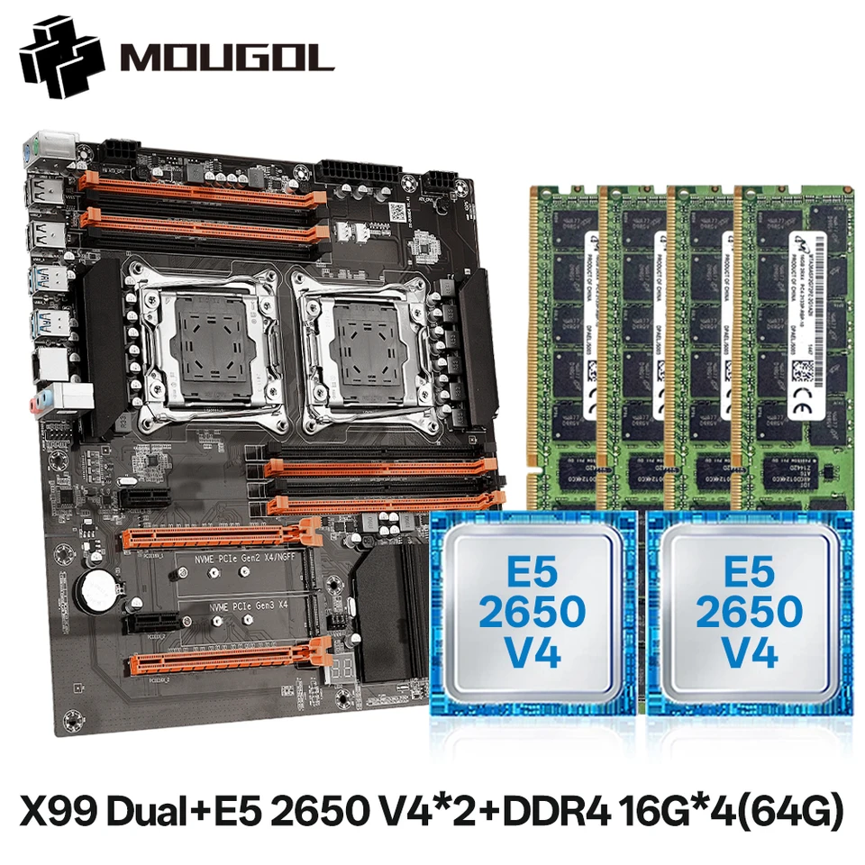 MOUGOL X99 Dual CPU Gaming Motherboard Kit with E5 2650 V4 & Four