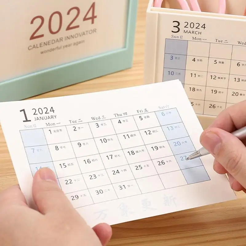 Desk Calendar 2024 Daily Desktop Pencil Cup With 2 Grid Stationery Storage For Pen Pencil Scissors Note Paper For School Office