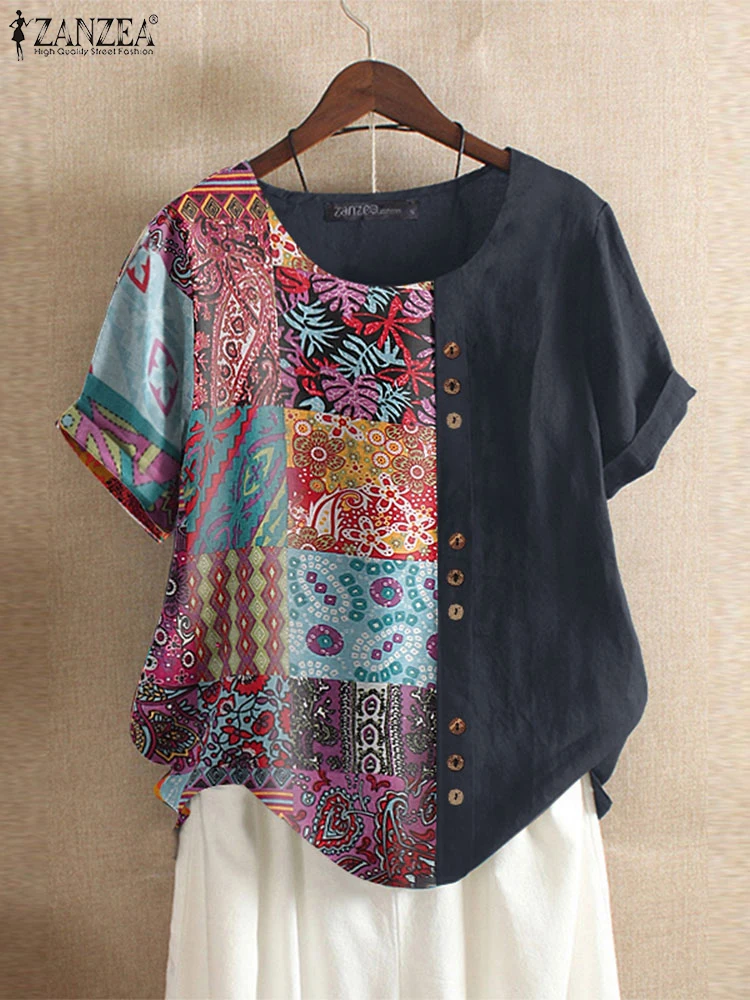 ZANZEA 夏の女性のトップス 2025 ヴィンテージ花柄プリント半袖ブラウスパッチワークシャツ綿 Blusas カジュアルルーズチュニックファム