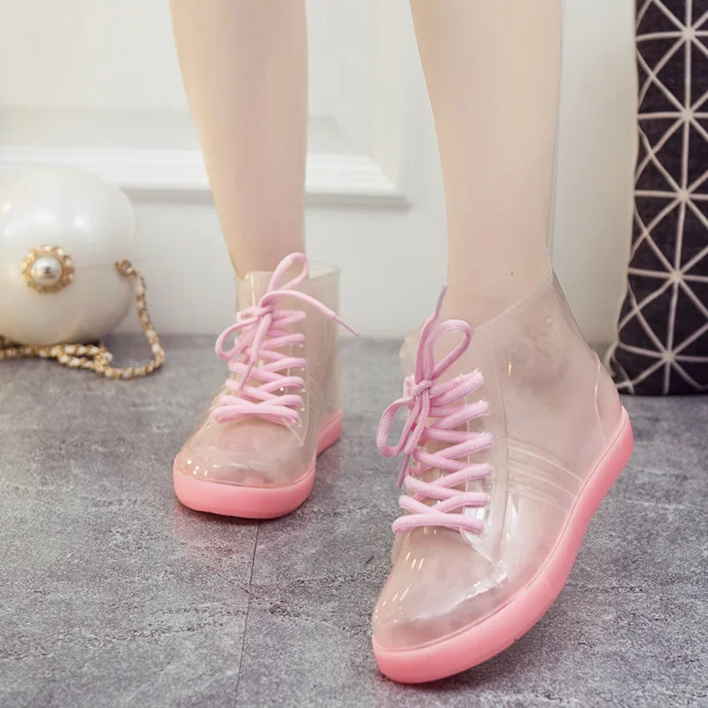 2024 Fashion Waterproof Jelly Shoes New PVC Women Outdoor Transparent Rain Boots Women Casual Lace-up Motorcycle Waterproof Boot