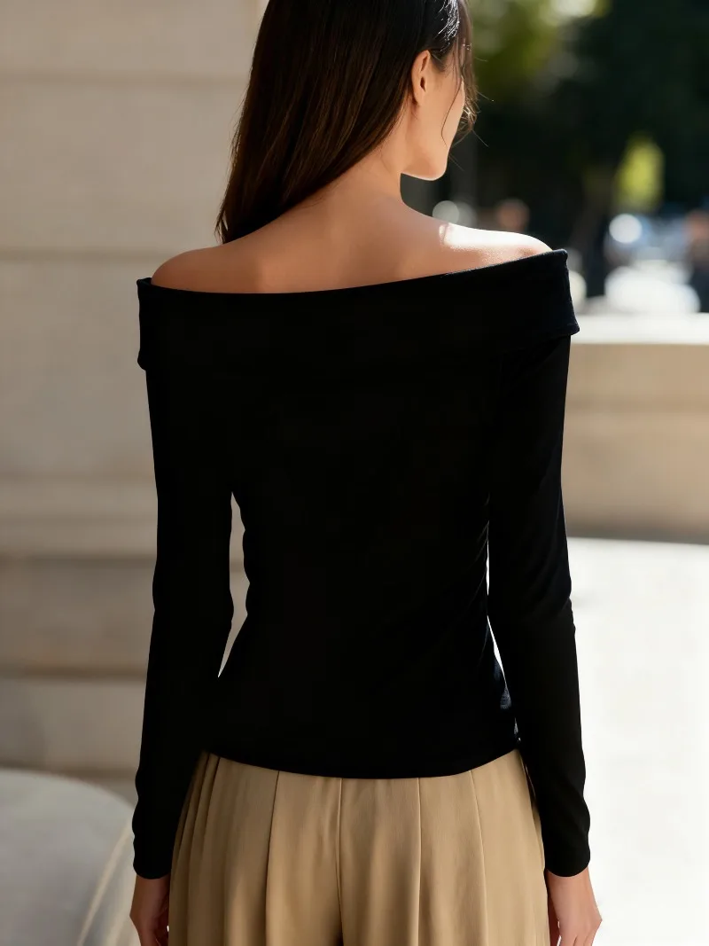 여성용 우아한 블라우스 오프숄더 긴팔 탑 솔리드 컬러 쉬폰 탑 버튼다운 풀오버 탑