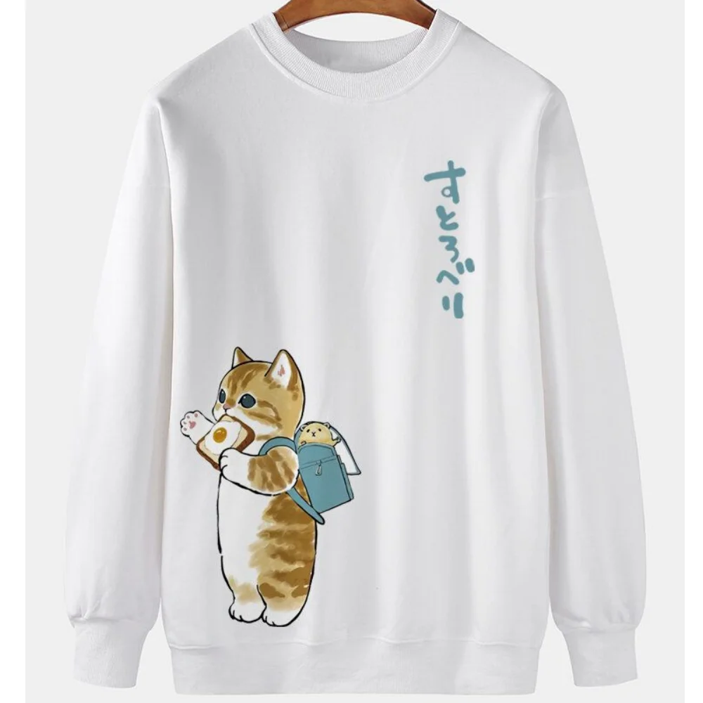Animal Cat Print Men Sweatshirt Harajuku Cute Loose Long-sleeved Tops Fashion Simple Hoodies Oversized Men Women Unisex Clothing