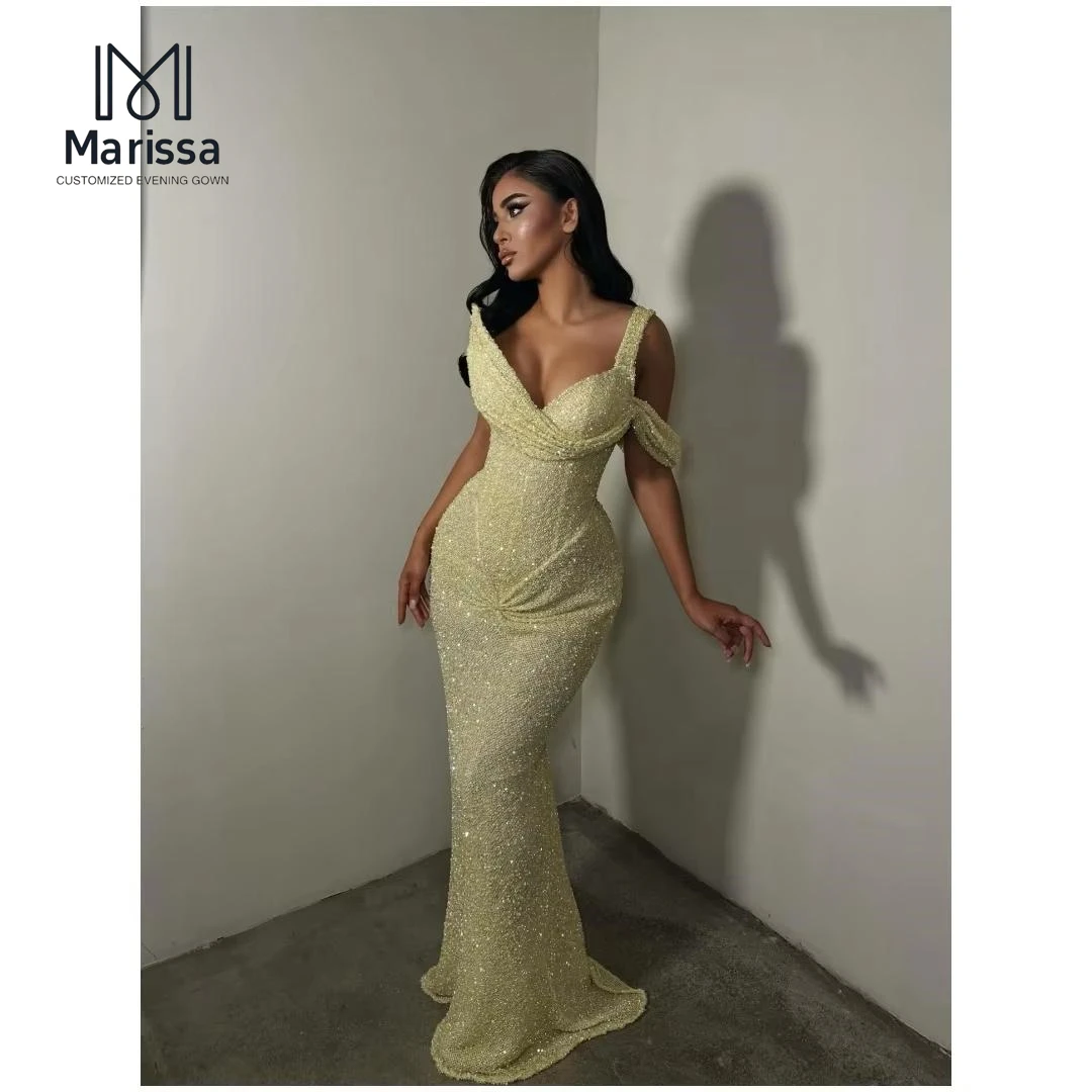 

Marissa Custom Made Elegant Long Dress Sling V-neck Fish Tail Evening Dresses for Special Occasions Off-shoulder Sequins Prom