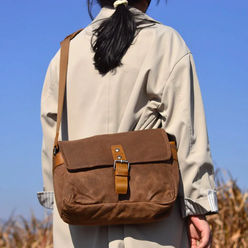 

Outdoor Photoaphy Camera Bag Waterproof Oil Wax Canvas Genuine Leather oulder Bag for DSLR And Mirrorl Digital Cameras
