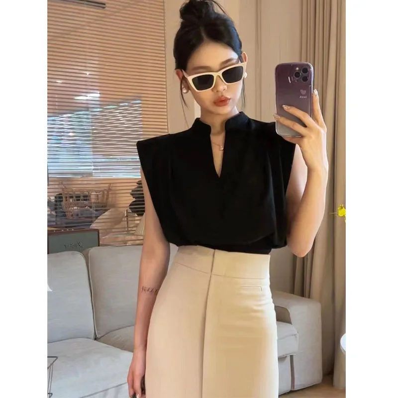 Deeptown Women Blouses V-neck Korean Style Elegant Chic White Sleeveless Shirts Black Crop Tops Office Style Old Money Aesthetic