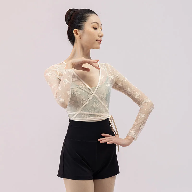 Woman Ballet Crop Lace Jacket Dance Top Wrap V Neck Long Sleeve Dance Shirt Bandage Ballet Tops Training Tops Dance Costumes