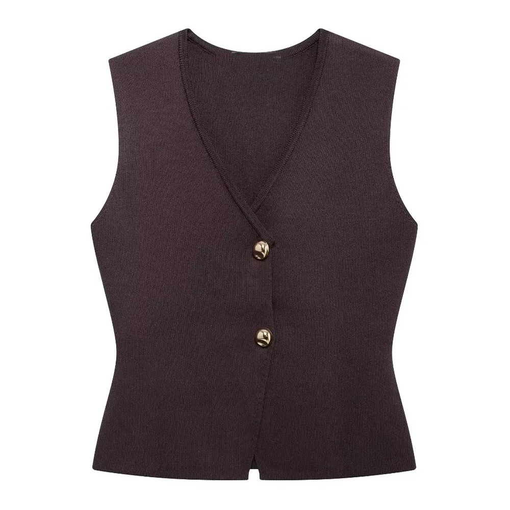 TRAF Women 2024 Autumn New Fashionable Lazy Style Knitted Casual Vest Chic V-Neck Buttons All-Match Vest Mujer