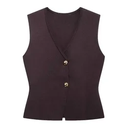 TRAF Women 2024 Autumn New Fashionable Lazy Style Knitted Casual Vest Chic V-Neck Buttons All-Match Vest Mujer