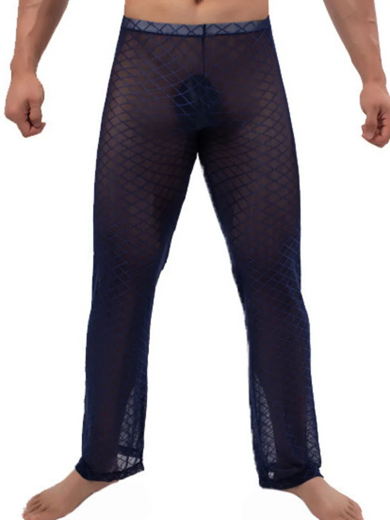 

Мужские сексуальные сетчатые повседневные однотонные брюки Домашние брюки с низкой талией Сексуальная прозрачная сетка из ледяного шелка с текстурой Мягкая одежда для сна Брюки B02R