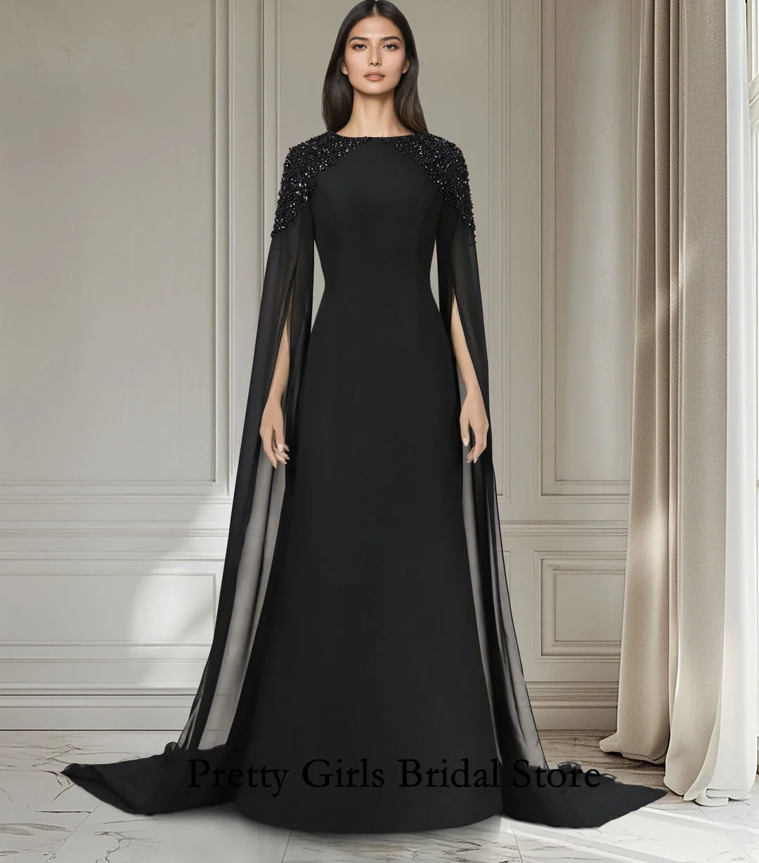 Arabic Morden Style Boat Neck Beaded Shoulder Evening Dresses With Cape Sleeves Crepe Satin Formal Prom Growns Party Women Bride