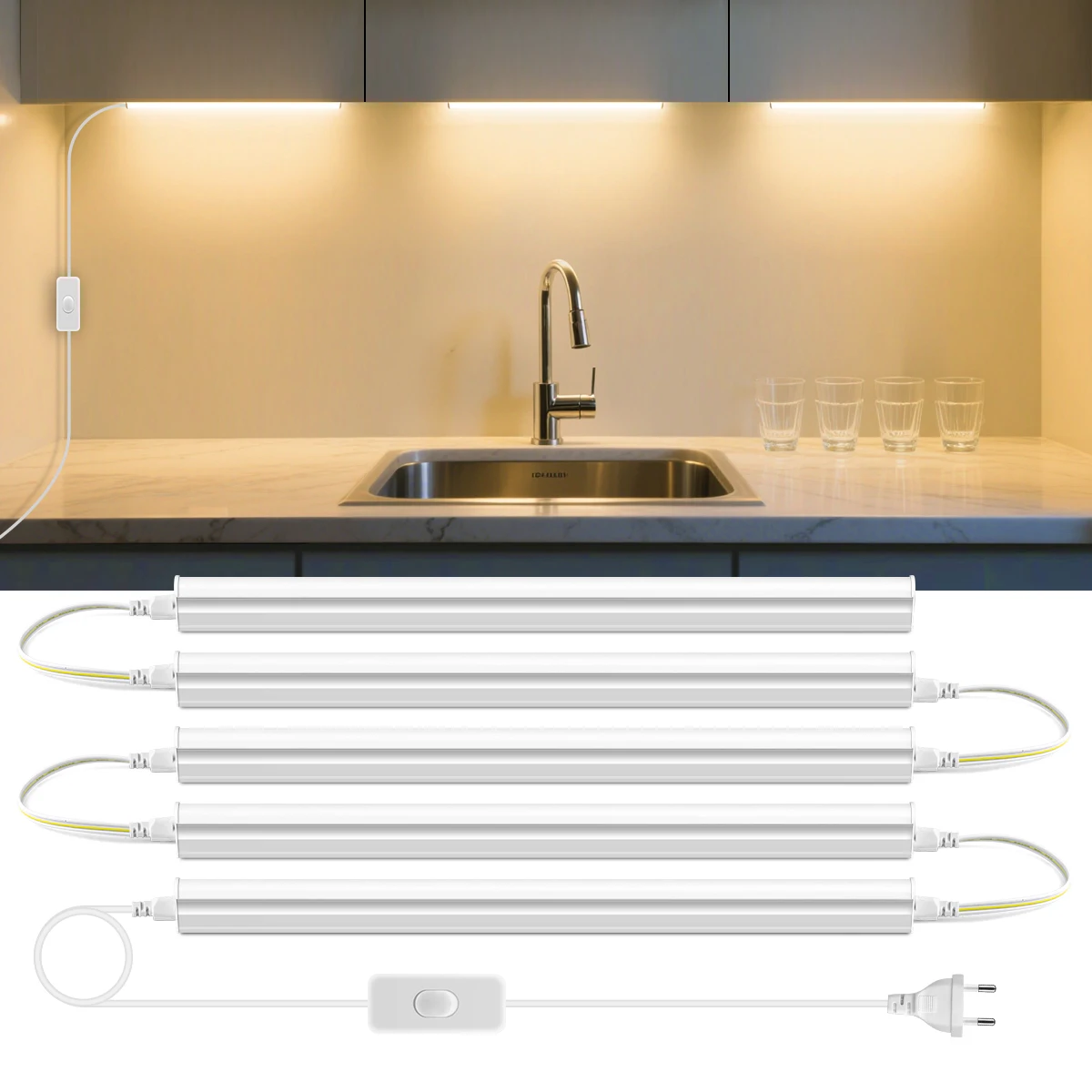 50cm LED Lights Kitchen Under Cabinet Lamp 220V 15W LED Tube With 1.2m EU Plug Switch Power Cable For Home Bedroom Indoor Lamps
