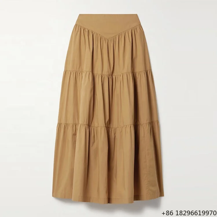 clothing-manufacturer-custom-spring-autumn-brown-high-waist-layered-elegant-casual-cotton-women-midi-skirt