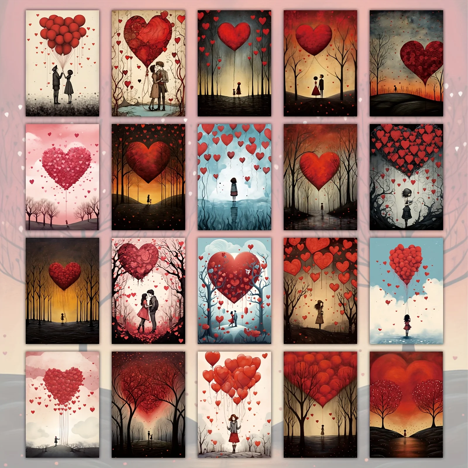 20PCS Romantic Heart-shaped Themed Postcards with Couples, Hot Air Balloons, and Moonlight Trees, Suitable for Home Decoration
