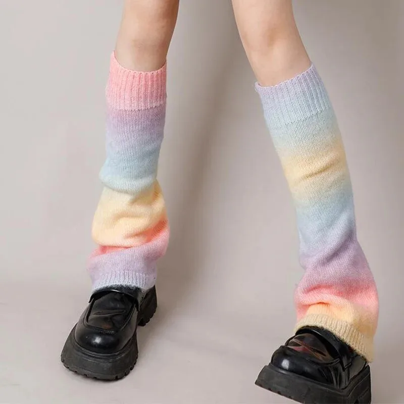 

Женские гетры в стиле Лолиты, вязаные гольфы, милые градиентные вязаные чулки радужного цвета с манжетами, гетры до щиколотки